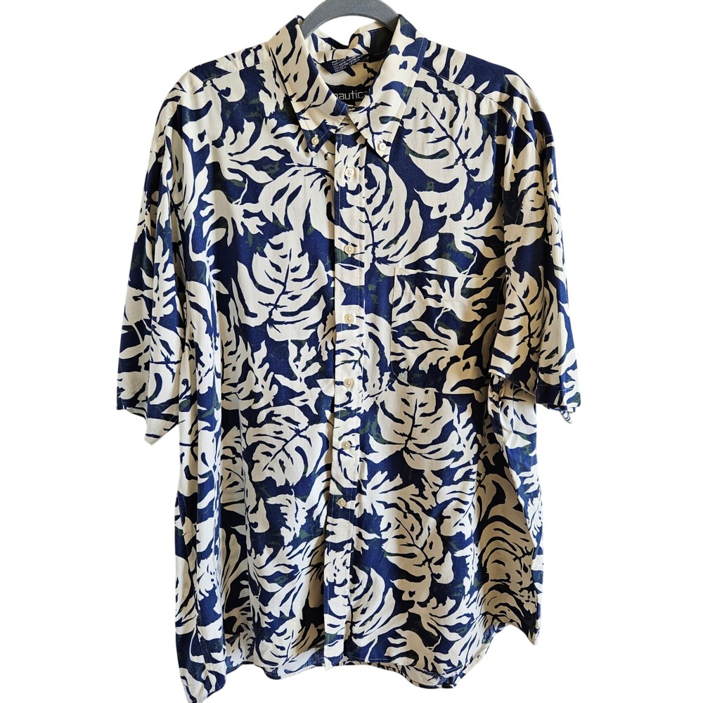 Nautica Mens XL Tropical Monstera Leaf Print Button Down Shirt Navy White Cotton